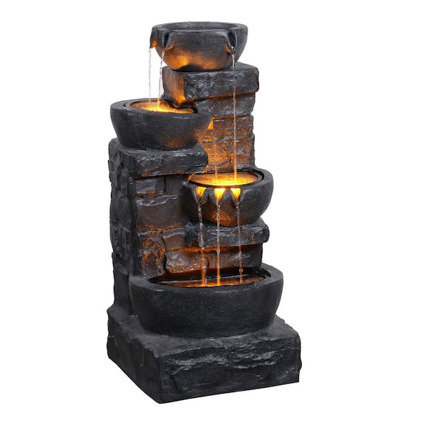Cascade Stacked Stones 32.48 in. Electric Polyresin Floor Fountain with LED Light and Adjustable Flow