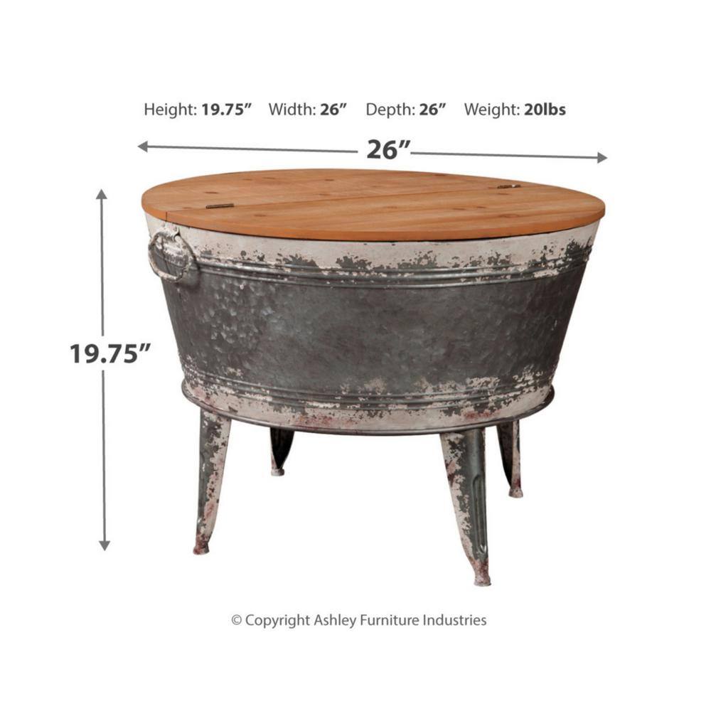 Round Galvanized Metal and Wood Lift-Top Coffee Table with Storage