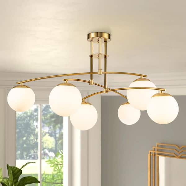 RRTYO Innsbrook 31.5 in. 6-Light Gold Semi-Flush Mount with Glass Shade and No Bulbs Included
