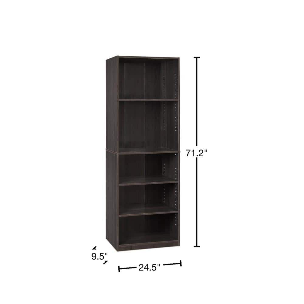 Espresso Adjustable 5-Shelf Wooden Bookcase with Storage Cubes