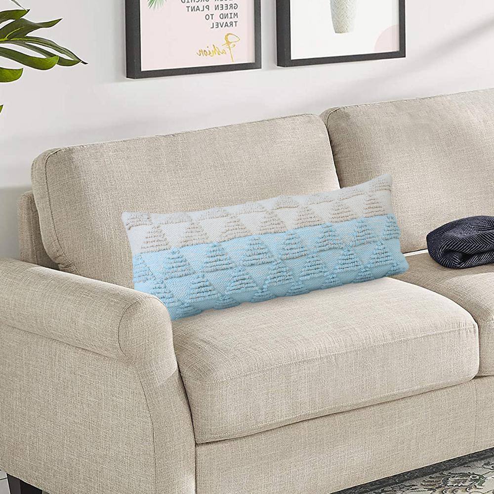 Bright Blue and Off-White Geometric Cotton Lumbar Pillow