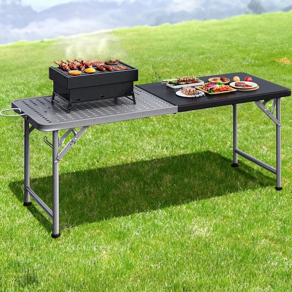 6ft Heavy Duty Folding Portable Grill Table 2 in 1 Design Camping Table for Grill in Black