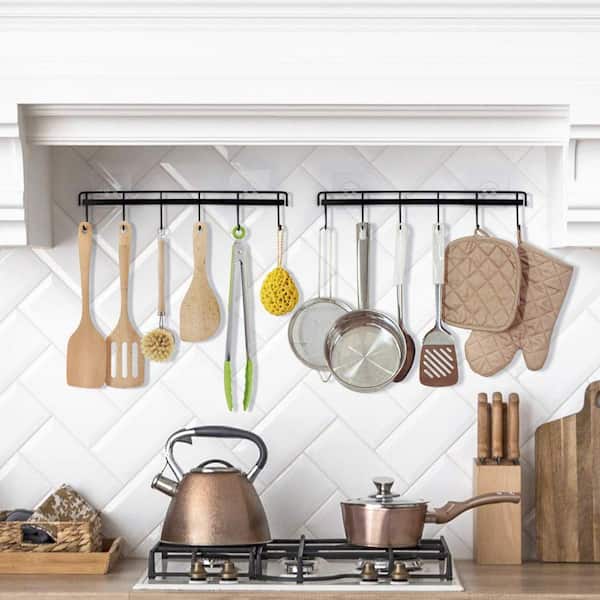 Wall Mounted Pot Rack with Adhesive and 6 Hooks for Kitchen, Bathroom, and Bedroom Organizing, Black (2-Pack)