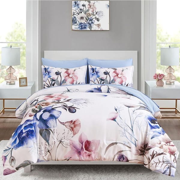 Floral 7-Piece Blue Microfiber King Comforter Set Bed in a Bag