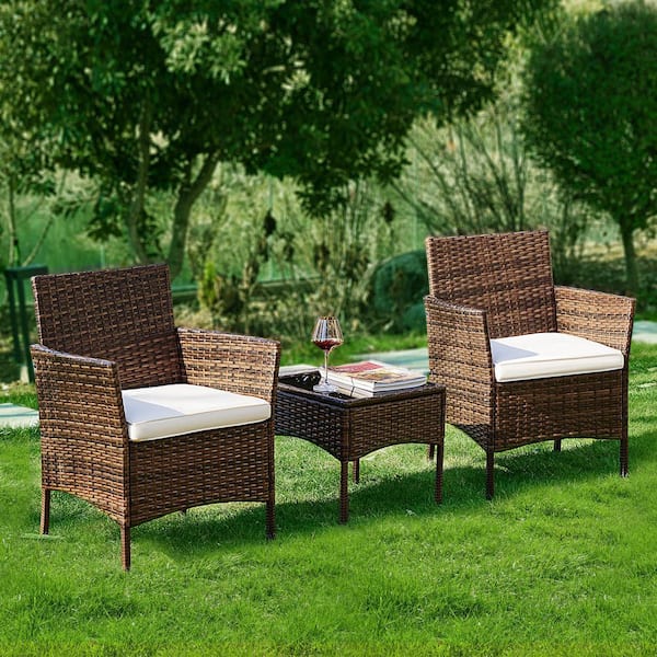 Yangming 3-Piece Metal Frame Glass Top Square Coffee Table Outdoor Bistro Set for Garden Terrace, Brown