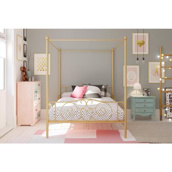 Canopy Bed Frame Platform Full Size Princess Girls Kids Bedroom Furniture Gold 