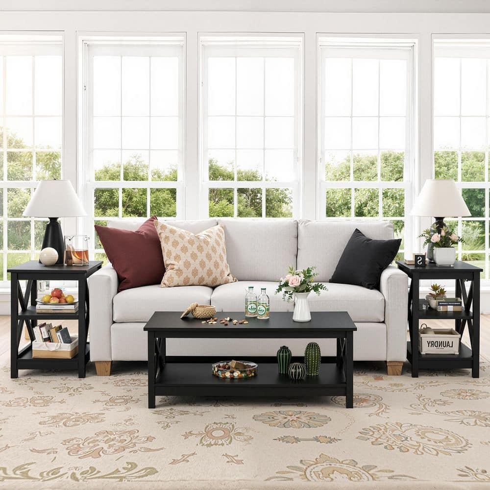 Black MDF Modern 16 in. Width Accent Square End Table with 3-Tier Side Table (2 Sets)