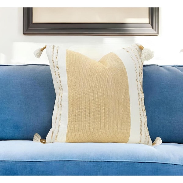 HomeRoots Yellow, White Solid Polyester 20 in. x 20 in. Throw Pillow