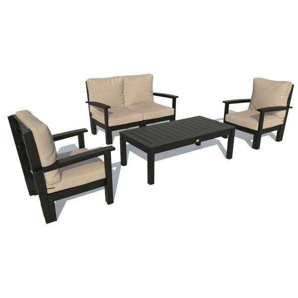 Highwood Bespoke Deep Seating 4-Piece Plastic Outdoor Loveseat, Set of Chairs and Conversation Table and Dune Cushions