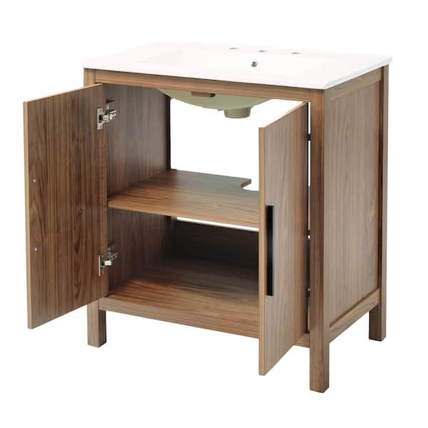 30 in. Single Sink Natural Wood Color Bath Vanity with White Ceramic Top