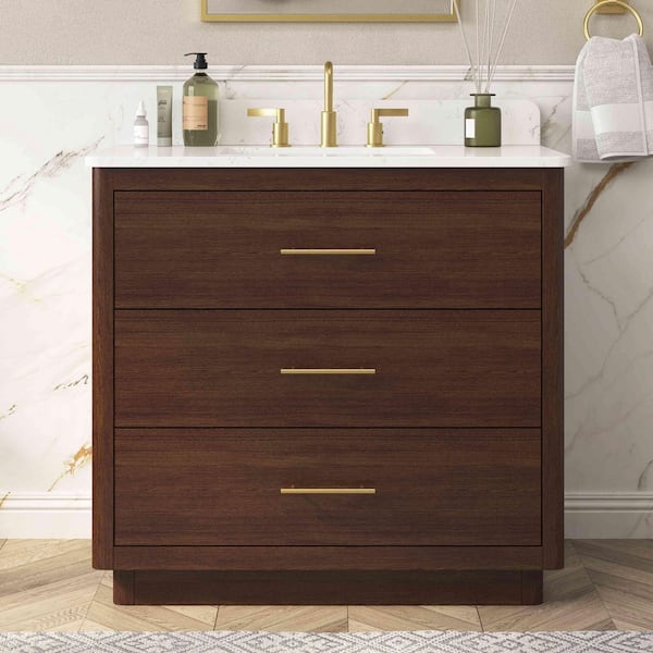 Grisel 37 in. Single Sink Freestanding Brown Bath Vanity with White Engineered Stone Top and Backsplash Assembled