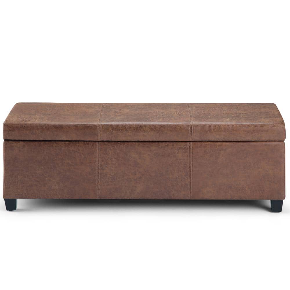 Distressed Umber Brown Faux Leather Storage Ottoman Bench