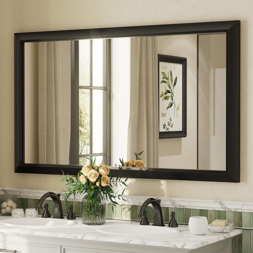 55 in. W x 32 in. H Rectangular Aluminum Alloy Framed and Tempered Glass Wall Bathroom Vanity Mirror in Matte Black price history on PriceWatchPro