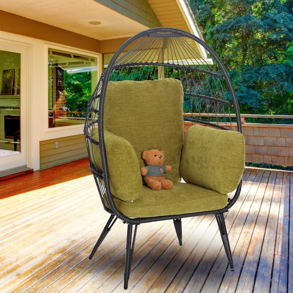 Cesicia Black Wicker Outdoor Dining Chair Egg Basket Chair with Stand Olive Green Cushions
