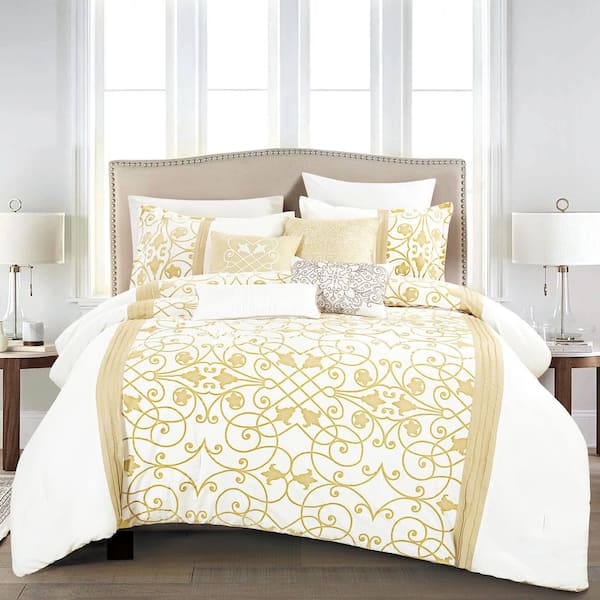 Shatex 7-Piece White/Yellow Patchwork Polyester King Comforter Set