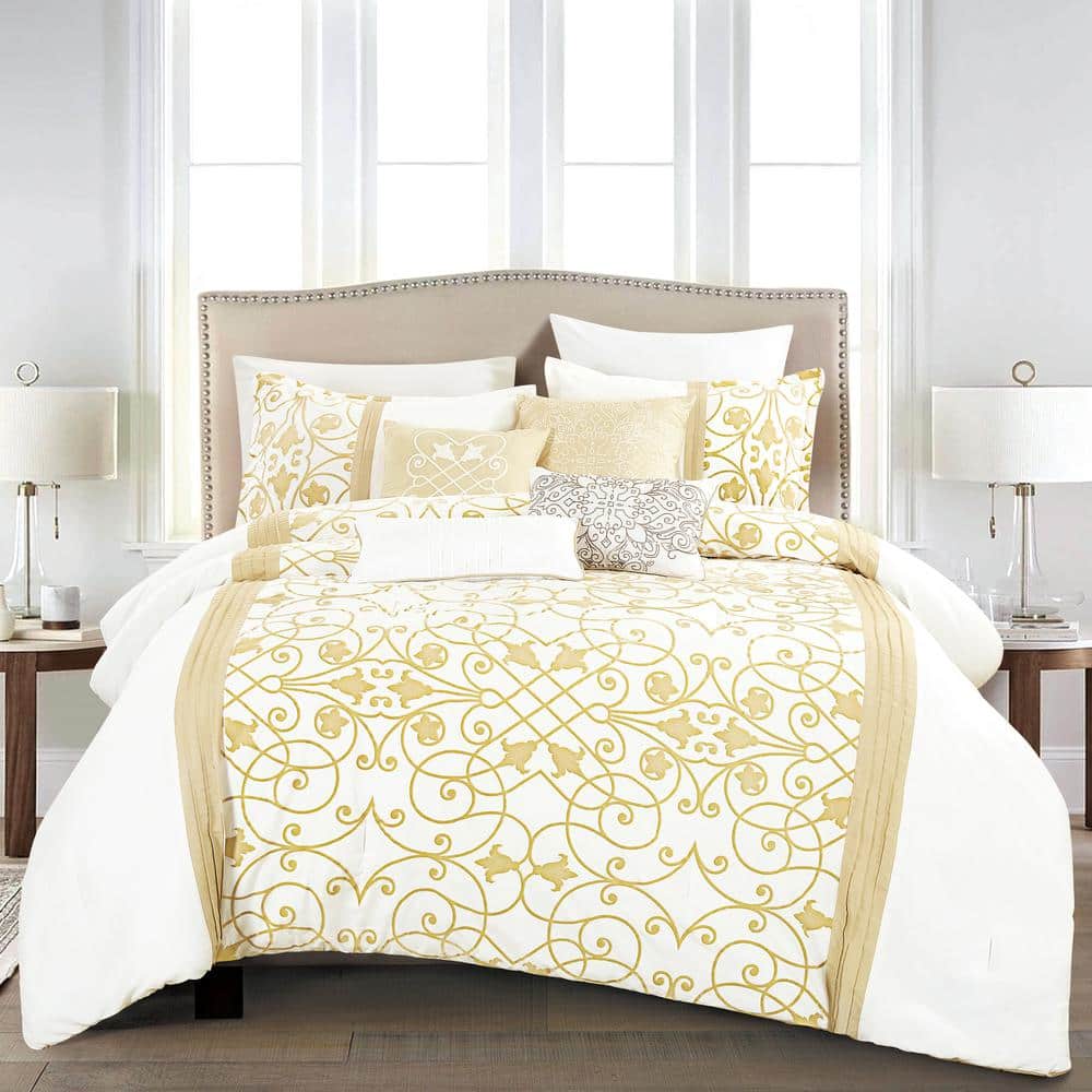 Shatex 7-Piece White/Yellow Patchwork Polyester Queen Comforter Set ...