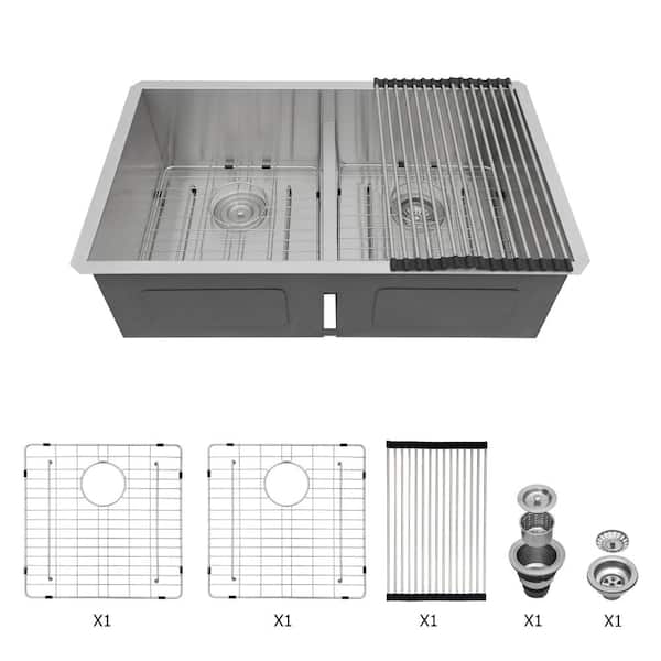 36 in. Undermount Double Bowl(50/50) 16 Gauge Brushed Nickel Stainless Steel Kitchen Sink with Bottom Grids