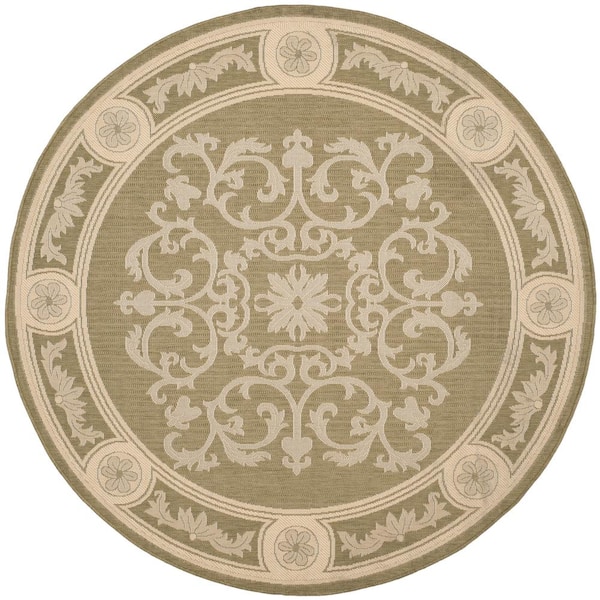 SAFAVIEH Courtyard Olive/Natural 5 ft. x 5 ft. Round Floral Indoor/Outdoor Patio  Area Rug