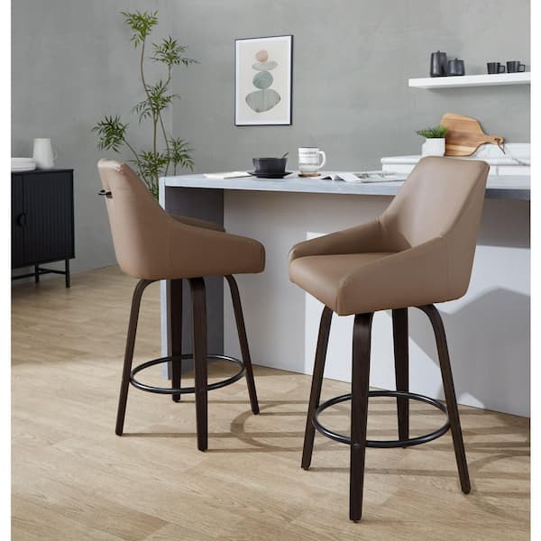 Hannah 26 in. Walnut Glazed Wood and Brown Faux Leather with Round Black Metal Fixed-Height Counter Stool (Set of 2)