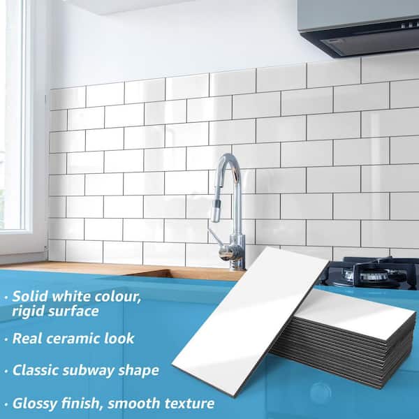 White 3 in. x 6 in. PVC Peel and Stick Backsplash for Kitchen, 102-Pieces, Self-Adhesive Subway Tiles (12 sq. ft./Box)