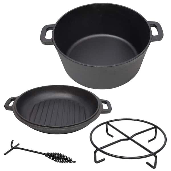 3 in 1 5 qt. Pre-Seasoned Cast Iron Round Dutch Oven With 1-Piece Iron Pot Rack, 1-Piece Lid Lifter, Outdoor Camping