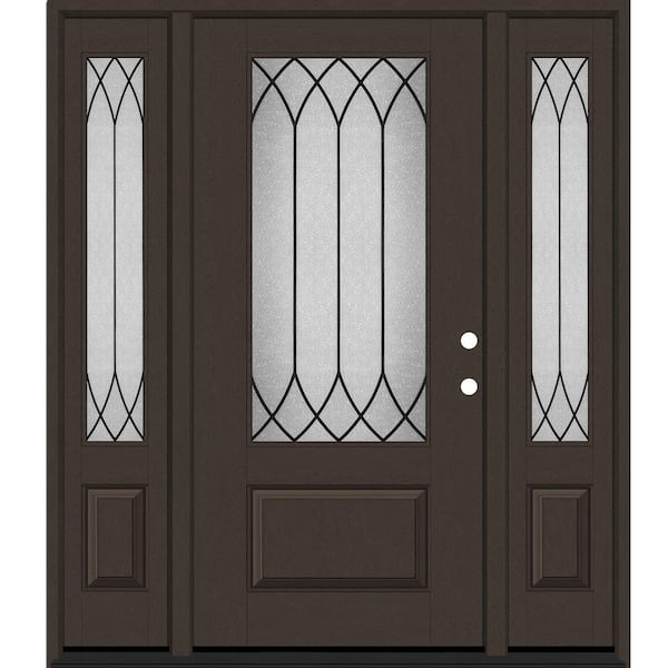 Steves & Sons Regency 68 in. x 80 in. 3/4 Lite Spire Decorative Glass LHIS Hickory Mahogany Fiberglass Prehung Front Door 14 in. SL