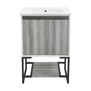 Marseille 24 in. Gray Oak Bathroom Vanity in White with 3-Hole Ceramic Sink Top