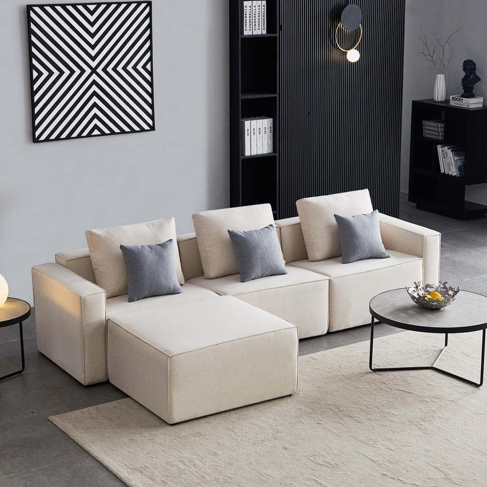 GOJANE 108.30 in. 4-Piece Linen 4-Seats L-Shape Sectional Sofa in Beige ...