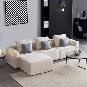 108.30 in. 4-Piece Linen 4-Seats L-Shape Sectional Sofa in Beige with 3-Pillow