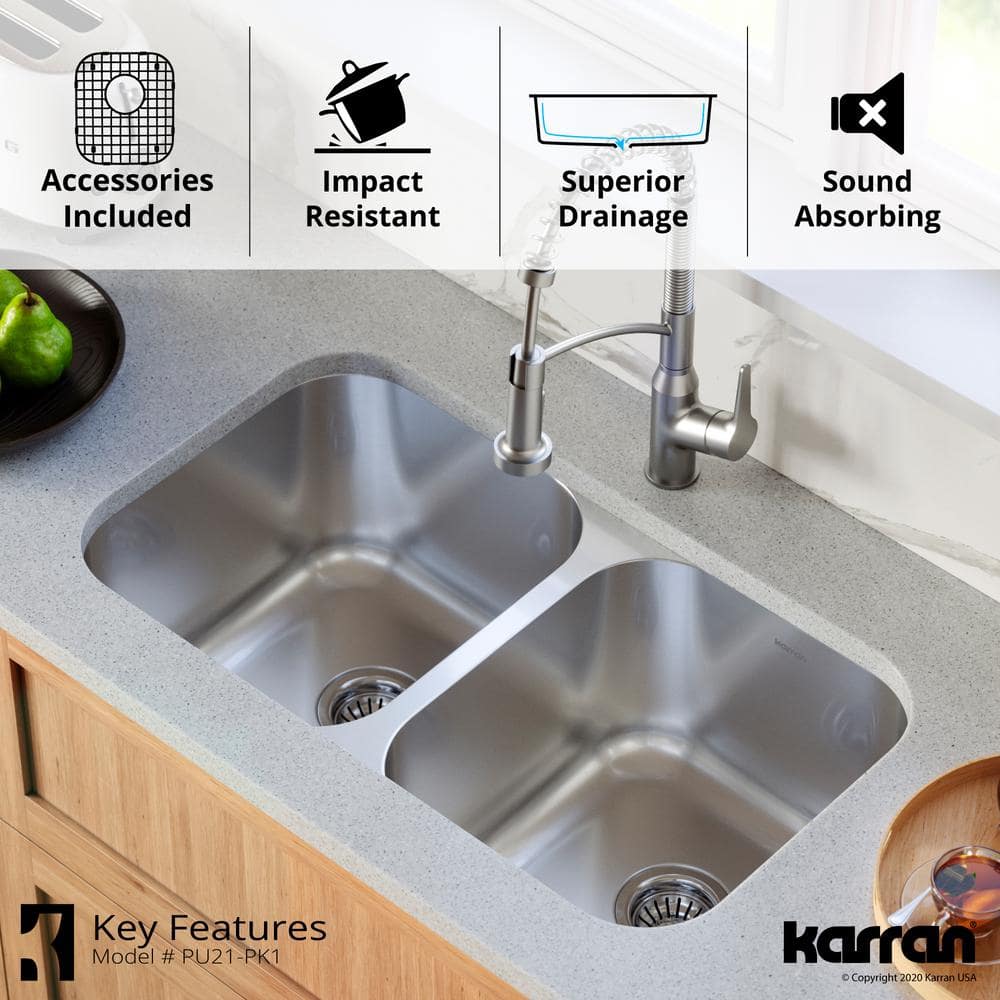 Karran 32'' Stainless Steel Double Bowl Undermount Kitchen Sink Kit