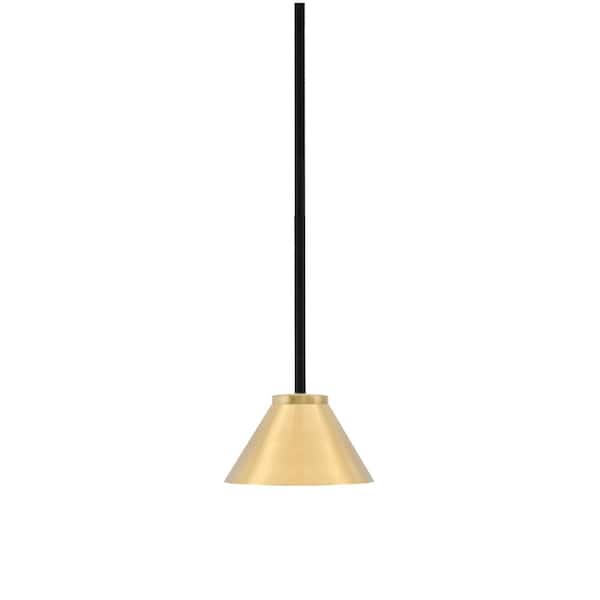 Elonia 100-Watt 1 Light Matte Black & New Aged Brass Stem Mini Pendant Light with 7 in. New Age Brass Cone Metal Shade