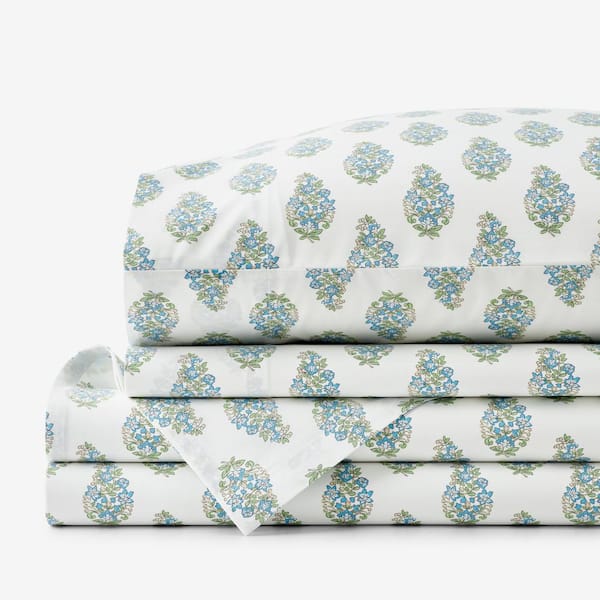 Queen printed cotton percale top sheet set floral