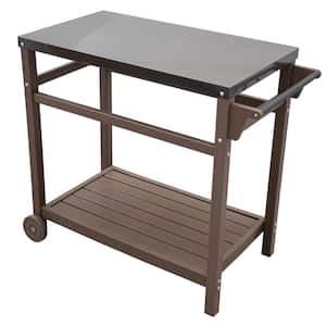 Brown Outdoor Utility Serving Cart, Patio Dining Table with Stainless Steel Top and Casters