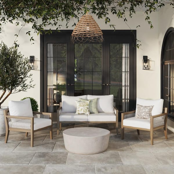 Freya 3-Piece Bohemian Outdoor Couch Patio Furniture Set, Solid Acacia Wood Frame Conversation Set, Linen White Cushion