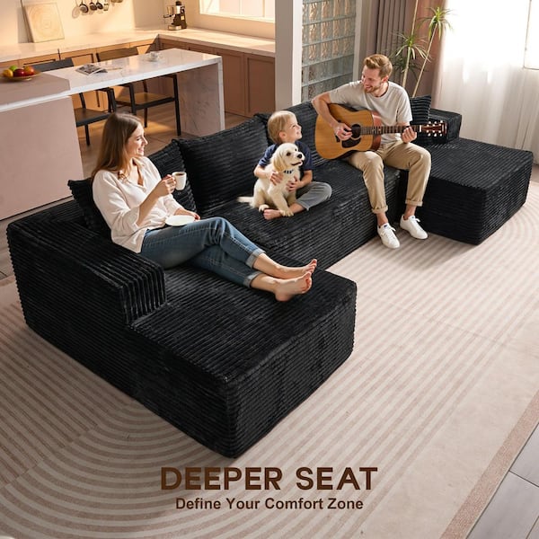 Allwex Varo 134 in. Wide Arm 3-Piece Modern Plush Corduroy U-Shape