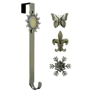 15.75 in. Artificial Antique Brass Adjustable Wreath Hanger with Sun, Snowflake, Butterfly and Fleur De Lis Icons