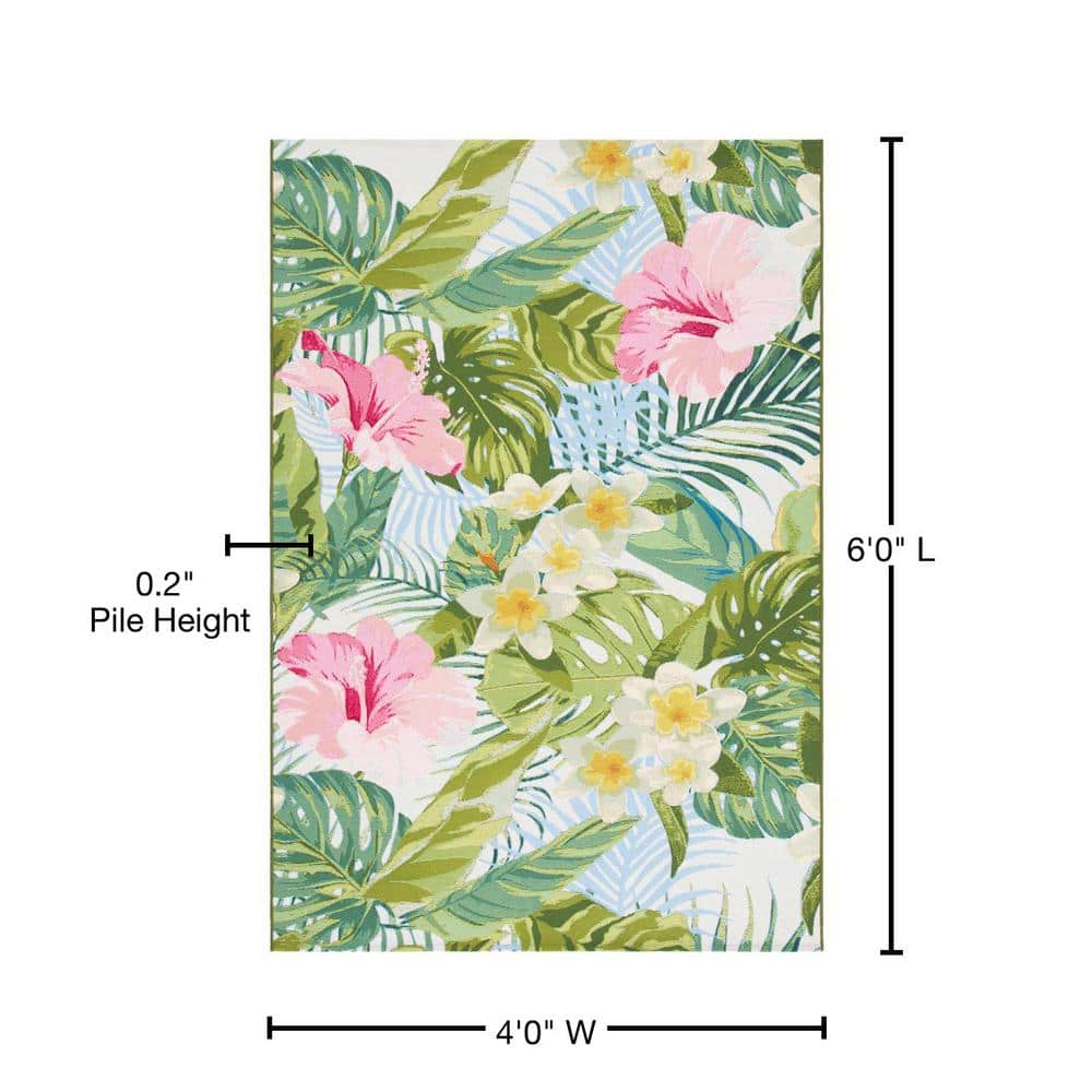 Tropical Floral Green and Pink Synthetic 4' x 6' Area Rug
