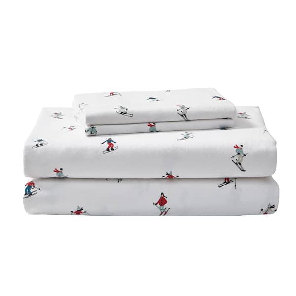 Eddie Bauer Ski Slope 4-Piece White and Multi-Colored Graphic Flannel King Sheet Set