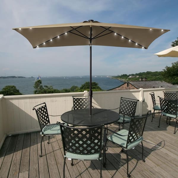 Sonkuki Solar LED 10 ft. x 6.5 ft. Aluminum Patio Rectangle Market Umbrella in Taupe with Push-Button Tilt