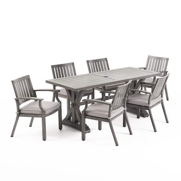 Noble House Lombok Dark Grey 7-Piece Metal Rectangular Outdoor Patio Dining Set with Silver Cushion
