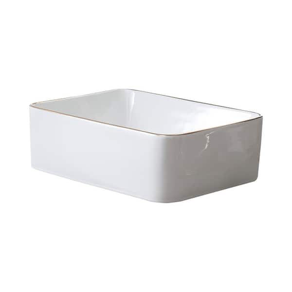 15.76 in Single Bowl Ceramic Farmhouse Kitchen Sink with Basket Strainer in White with Gold Trim