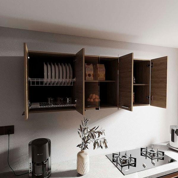 59 in. W x 12 in. D x 23 in. H Wood Ready to Assemble Wall Kitchen Cabinet, Floating Pantry Cabinet, Glass Door, Natural