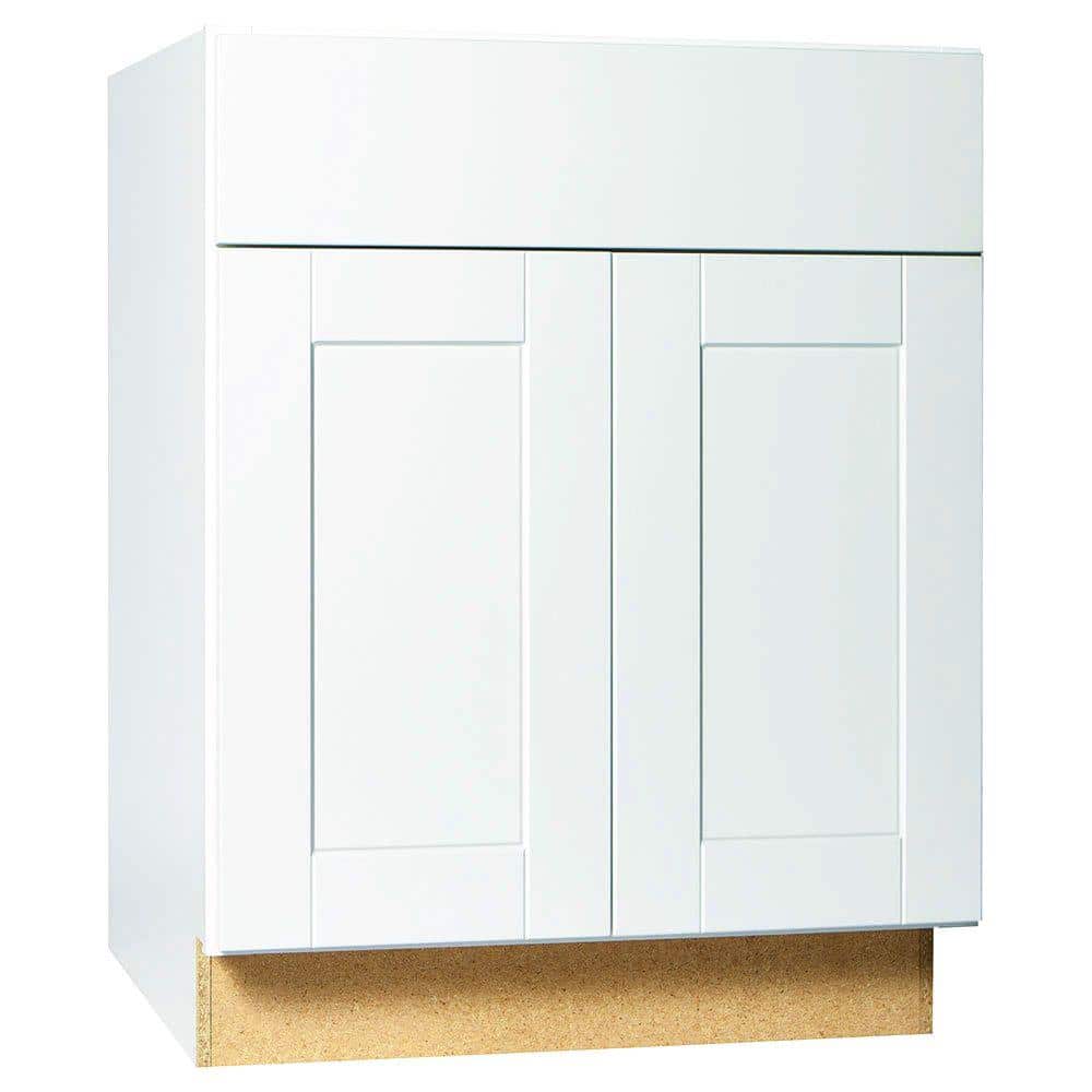 Hampton Bay Satin White Stock Shaker Assembled Base Kitchen