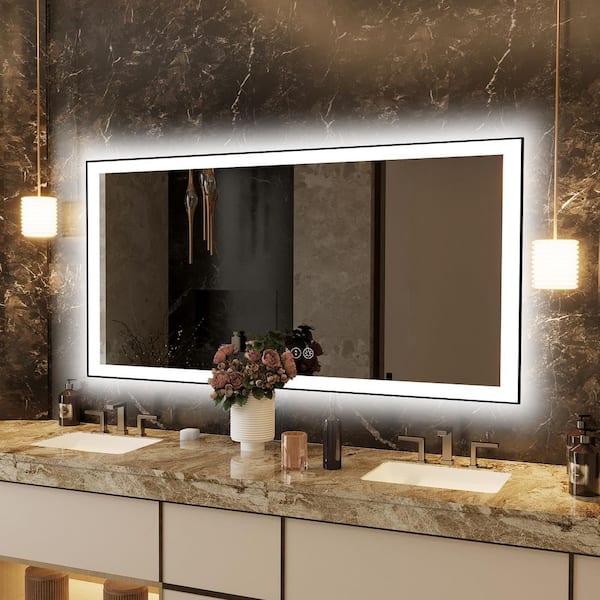 60 in. W x 28 in. H Rectangular Framed Premium Aluminum LED Wall Mounted Bathroom Vanity Mirror in Color Black