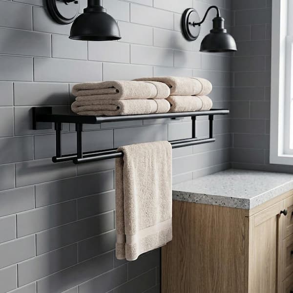 24 in. Bathroom Wall Mounted Double Tier Towel Rack with Double Towel Bar Stainless Steel in Matte Black