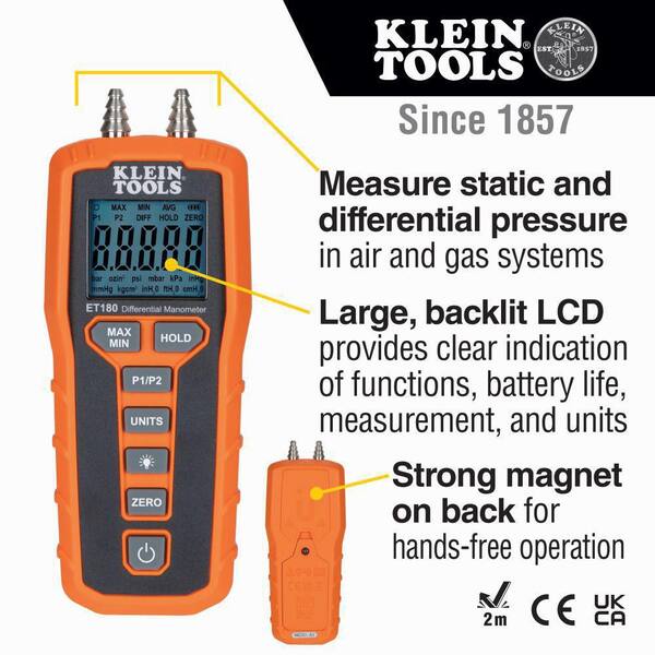 Digital Manometer Gas Pressure Tester - Dual Port HVAC Pressure Meter With Backlight