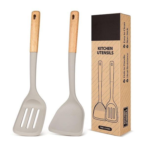 2-Piece Khaki Matte Silicone Wooden Handle Heat-Resistant Nonstick Turner and Wok Spatula Kitchen Accessory Set