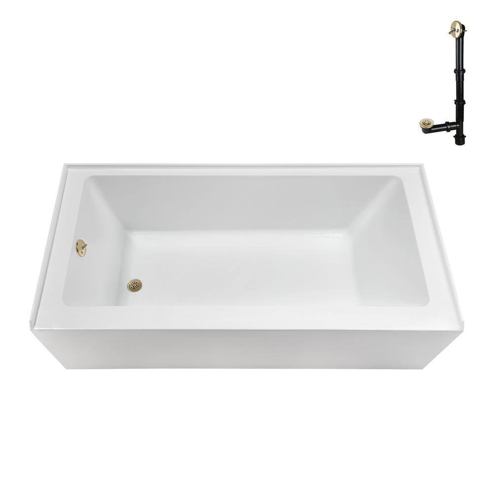 Glossy White Acrylic Alcove Bathtub with Polished Brass Drain