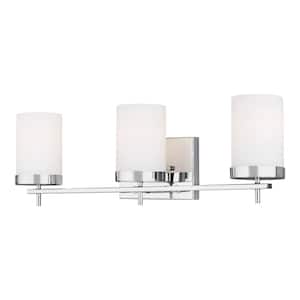 Zire 24 in. W 3-Light Chrome Bathroom Vanity Light with Etched White Glass Shades