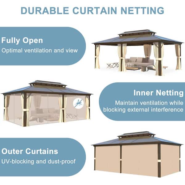 12 ft. x 20 ft. Outdoor Aluminum Frame Patio Gazebo Pavilion Shelter Galvanized Steel Double Hardtop Roof Curtain Net